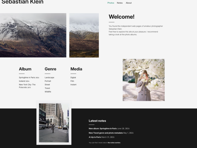 Startseite meines Fotografie-Portfolios mit ausgewählten Fotos, verschiedenen Navigationen und den letzten Blogposts
