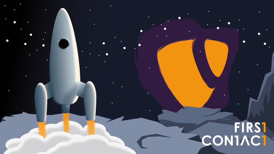 Illustration: Raumschiff landet auf einer Planetenoberfläche. Im Hintergrund leuchtet das TYPO3-Logo als planetarischer Nebel.