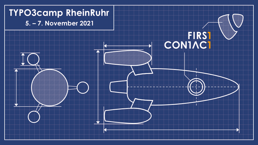 Illustration: Blueprint of a spaceship. Next to a shaded TYPO3 logo you can see this year's camp motto "First Contact".
