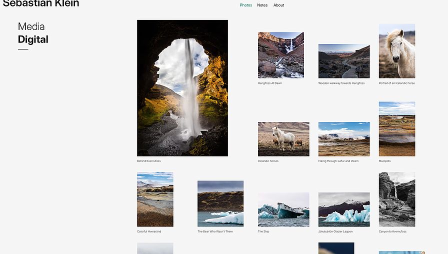 List view of all digital photos: The heading is on the left, and all the photos are arranged in a grid on the right. The first photo is twice as large to highlight it.