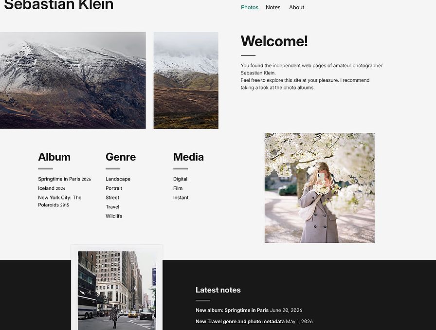 Homepage of my photography portfolio featuring selected photos, multiple navigations, and the latest blog posts
