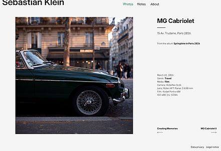 Detail view of a photo of an MG Cabriolet in Paris. The image is scaled to fit the viewport. The title to the right of the image aligns with the image's top corner, and the browse navigation aligns with its bottom corner. Between them are the image description and technical specifications. The page ends with the footer; a scrollbar is not needed.