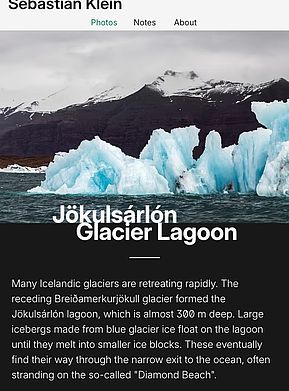 Smartphone display of the section on the Icelandic glacial lake Jökulsárlón