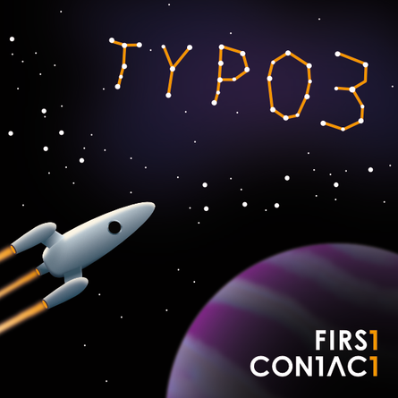 Illustration: Raumschiff fliegt im All auf ein Sternbild zu, dessen Gruppierung den Begriff "TYPO3" bildet.