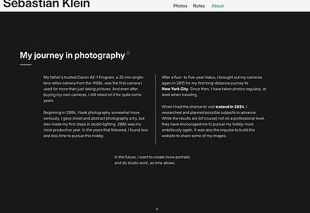 “About” page, “My Journey in Photography” section: The text is arranged in two columns separated by a vertical line. The last paragraph is centered below it.