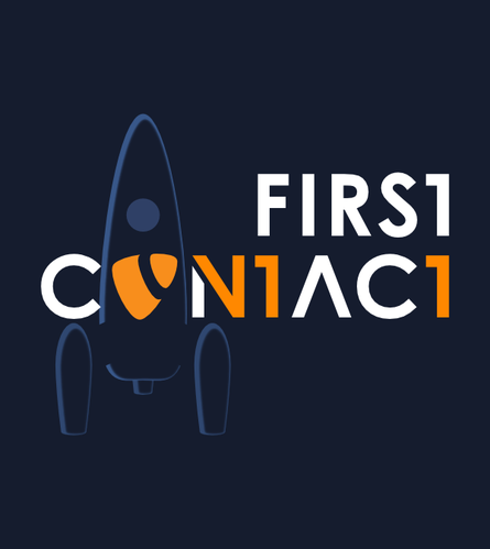 Schriftzug "First Contact" mit einem TYPO3-Logo als Buchstabe O. Der Buchstabe N sowie die beiden T sind so abgewandelt und eingefärbt, dass "V 11" lesbar wird.