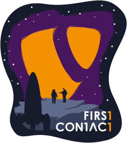 Artwork "First Contact" for the TYPO3camp RheinRuhr 2021: The TYPO3 logo is shown as a planetary nebula. In front of it, two astronauts appear small on a rocky planetary surface. In the foreground, the silhouette of a spaceship is visible.